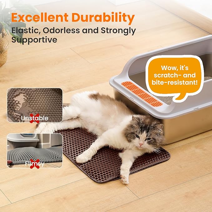 Petinstinct Small Cat Litter Mat, 20x14’’ Double Layer Honeycomb Cat Litter Box Mat, Non Slip Waterproof Urine Proof Litter Trapping Mat for Floor, Kitty Litter Pad, Indoor Pet Supplies, Brown