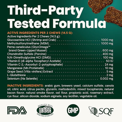 VetriScience Ultimate Strength Hip & Joint Supplement for Dogs, GlycoFlex Plus – MSM, Chondroitin & Green-Lipped Mussel Chews for Mobility, Flexibility, Comfort & Support, Bacon Flavor, 60 Cnt