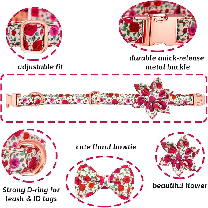 Dog Collar and Leash Set Girls Adjustable Puppy Collars with Floral Bow Tie for Small Medium Large Female Dogs, Red Rose, M