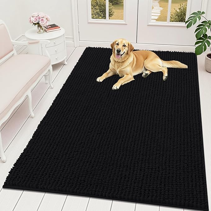 OLANLY Dog Door Mat for Muddy Paws 59x35, Ultra Absorbent Chenille Mud Doormat, Non-Slip Washable and Dirt Trapping Doormat for Indoor Entryway, Quick-Dry Indoor Pet Bed Mats for Dogs, Black