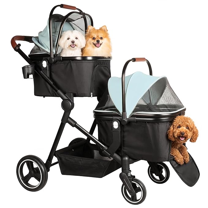 Foldable Double Pet Stroller for 2 Small Medium Cats or Dogs, Lightweight Single and Double Integrated Pet Stroller with Detachable Carriers