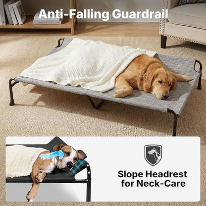 Veehoo Outdoor Elevated Dog Bed, 53" XXL Raised Dog Bed with Headrest Sides, Washable Cooling Dog Cot with Non-Skid Feet, Breathable Mesh, Portable Pet Hammock for Indoor or Camping, Black Silver