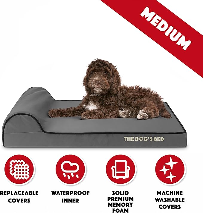 The Dog’s Bed Orthopedic Headrest Dog Bed Med Grey/Black, Memory Foam, Pain Relief: Arthritis, Hip & Elbow Dysplasia, Post Surgery, Lameness, Waterproof Washable Cover, Veterinary Approved