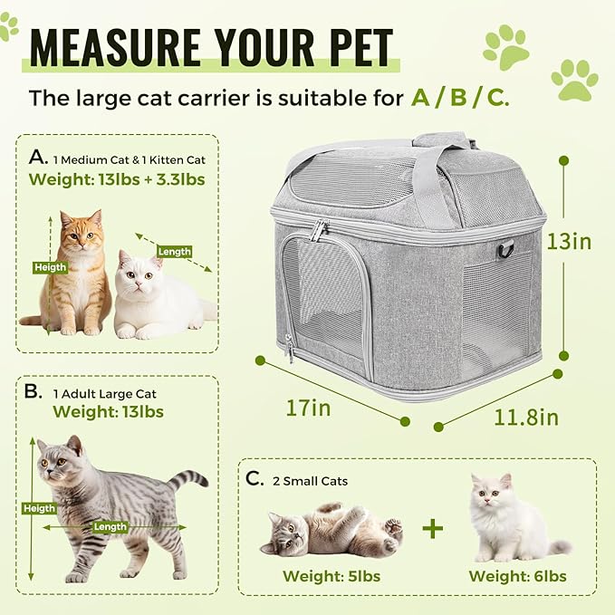 Top-Expandable Pet Carrier 17x11.8x13 Inches Underseat Up to 20lbs, Soft-Sided Carrier Travel Carriers with Padded Shoulder Strap for Small Cats and Dogs, Collapsible Waterproof Travel, Grey