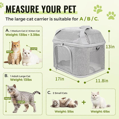 Top-Expandable Pet Carrier 17x11.8x13 Inches Underseat Up to 20lbs, Soft-Sided Carrier Travel Carriers with Padded Shoulder Strap for Small Cats and Dogs, Collapsible Waterproof Travel, Grey