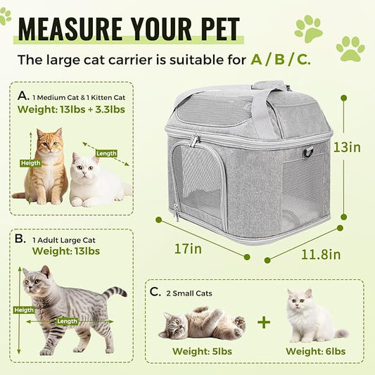 Top-Expandable Pet Carrier 17x11.8x13 Inches Underseat Up to 20lbs, Soft-Sided Carrier Travel Carriers with Padded Shoulder Strap for Small Cats and Dogs, Collapsible Waterproof Travel, Grey