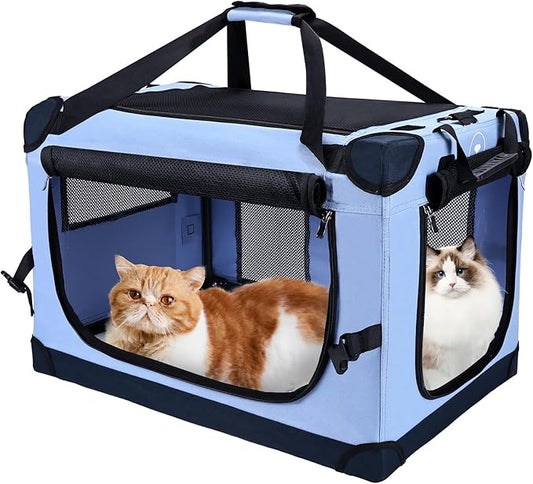 PEGIC Large Cat Carrier for Car Travel, Pegic Soft Sided Collapsible Pet Carrier for Outdoor and Indoor Uses, Roomy Extra Large Cat Carrier for 2 Kittens, Large Cat or Puppies Up to 50lbs (Blue)