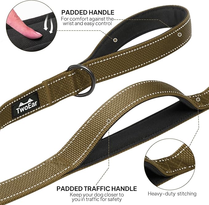 TwoEar 5FT 1IN Strong Brown Dog Leash with 2 Padded Handles, Traffic Handle Extra Control, Comfortable Soft Dual Handle, Auto Lock Hook, Reflective Walking Lead for Small Medium and Large Dogs