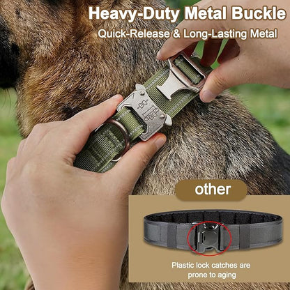 KCUCOP Heavy Duty Tactical Dog Collar and Leash Set, Military Training Nylon Reflective Collar with Handle Metal Buckle for Medium Large Dogs, Green, M (1 Patch Included)
