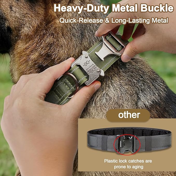 KCUCOP Tactical Dog Collar for Medium & Large Dogs - Military Nylon Heavy Duty Collar with Handle, Reflective Strip & Metal Buckle for Training, Outdoor (Green Reflective, XLarge)