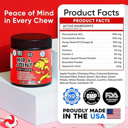 Hip & Joint Supplement for Dogs - Dog Treats with Glucosamine Chondroitin & Hyaluronic Acid - Chews for Mobility Support - Pain and Inflammation Relief - Tasty Dog Supplements for Comfort - 180 Count