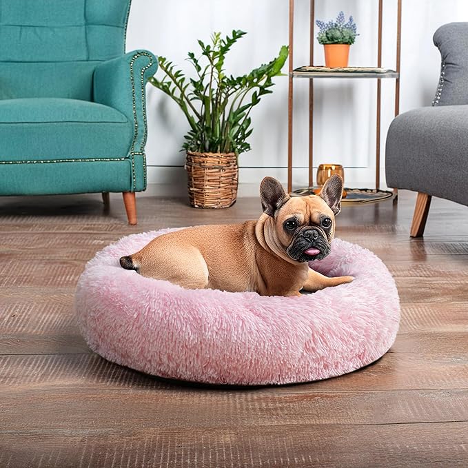 PetAmi Calming Dog Bed for Small & Medium Dogs and Cats, 23” Round Donut Dog Bed, Washable Fluffy Faux Fur Puppy & Cat Bed, Anti-Anxiety Plush Cuddler Pet Bed with Anti-Slip Bottom - Pink
