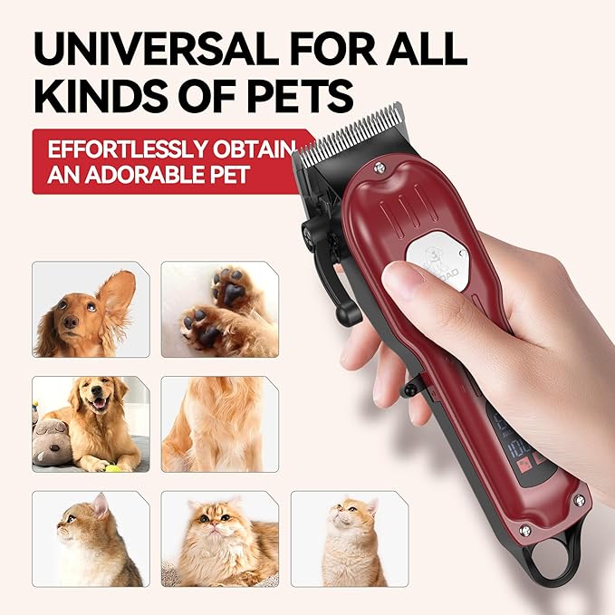 Dog Grooming Kit for Heavy Thick Hair & Coats, Low Noise Trimmer, Rechargeable Cordless Pet Shaver With Stainless Steel Blade, Clippers for Small Large Dogs Pets (Red)