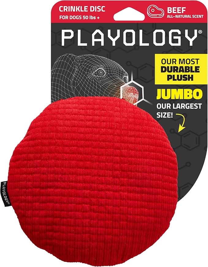 Playology Dog Toys | Plush Toy Crinkle Disc for Dogs | Jumbo Beef Scented Toy - Easy to Clean and Made from Non Toxic Materials