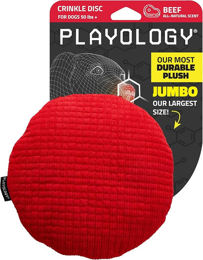 Playology Dog Toys | Plush Toy Crinkle Disc for Dogs | Jumbo Beef Scented Toy - Easy to Clean and Made from Non Toxic Materials