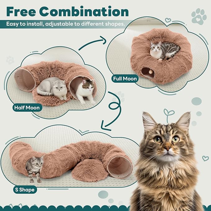 DUMOS Cat Tunnel Bed for Indoor Cats Cave Donut Play Tunnel with Soft Plush Peekaboo, Circle Cushion, Washable Multifunctional Playground Under Tree Pet Toys for Kittens, Puppy Rabbit, Ferret - Brown