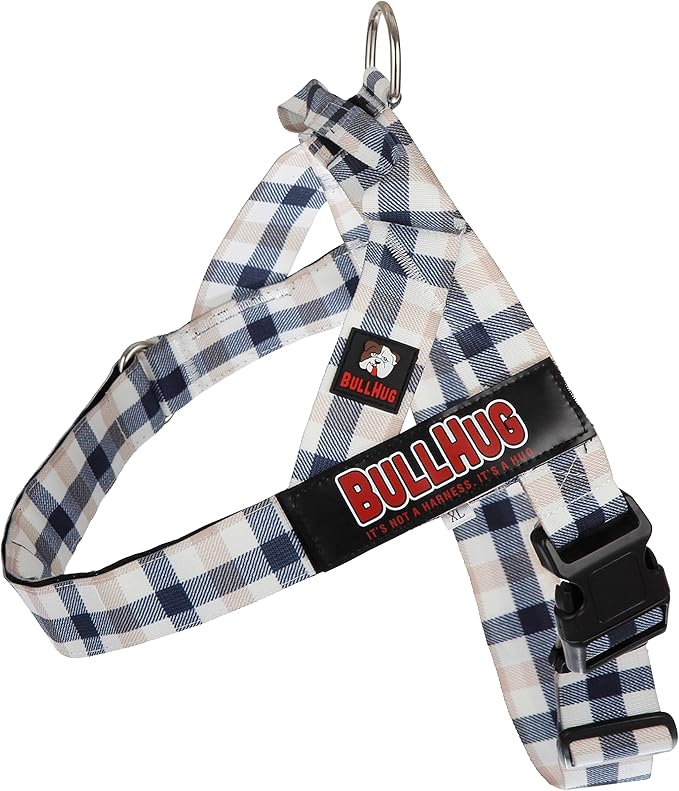 BULLHUG Adjustable Dog Harness– No Pull, No Choke – for English Bulldogs, French Bulldogs, Pugs & Broad-Chested Breeds – Easy, Safe Walks (Blue TAN Plaid, XL)