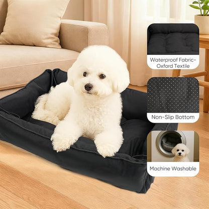 Waterproof Oxford Dog Bed, Foldable Crate Mat for Small Medium Dogs, Orthopedic Pet Cushion with PP Cotton, Chew Resistant, Anti-Slip Base, Indoor Outdoor Washable Portable Bed, Black
