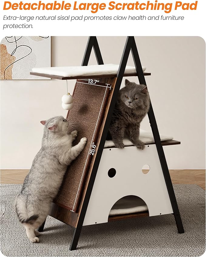 Modern Wood Cat Tree Tower for Indoor Cats Large Adult - 67 Inch Tall Multi-Level Heavy Duty Cat Condo Trees Furniture with Caves Perch Bed Scratching Board - XL Big Sturdy Wooden Kitty Climbing House