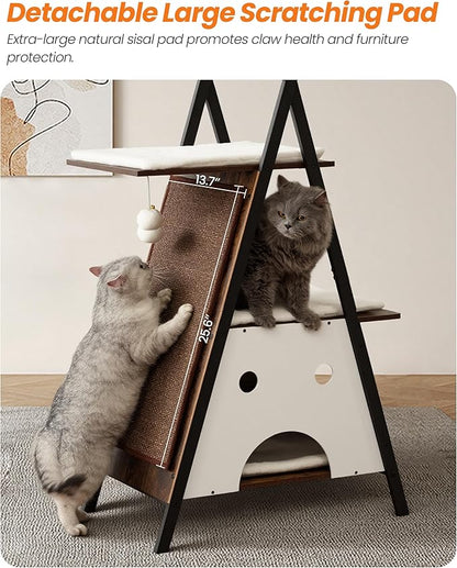 Modern Wood Cat Tree Tower for Indoor Cats Large Adult - 67 Inch Tall Multi-Level Heavy Duty Cat Condo Trees Furniture with Caves Perch Bed Scratching Board - XL Big Sturdy Wooden Kitty Climbing House