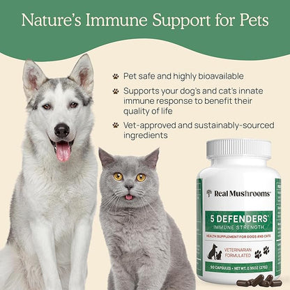 5 Defenders Mushroom Supplement for Cats & Dogs – Chaga, Shiitake, Reishi, Turkey Tail, Maitake – Cat Multivitamin & Dog Supplement for Wellness Support– 90 ct Real Mushrooms Powder Capsules