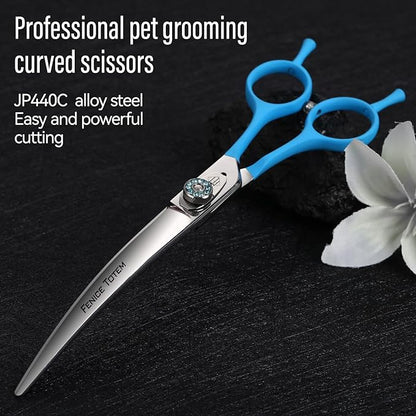 Professional Pet Grooming Curved Scissors, JP440C Alloy Steel, Blue Ergonomic Handle, Sharp and Durable for Dog Grooming (7.5")