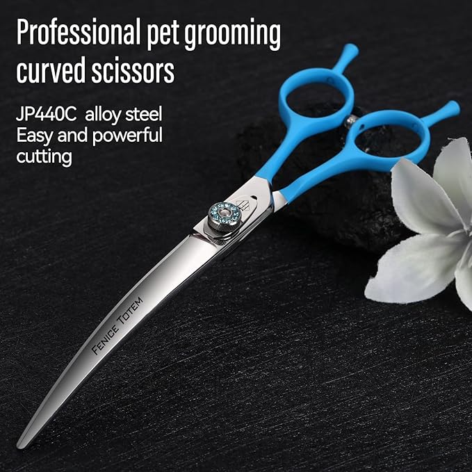 Professional Pet Grooming Curved Scissors, JP440C Alloy Steel, Blue Ergonomic Handle, Sharp and Durable for Dog Grooming (7.0")