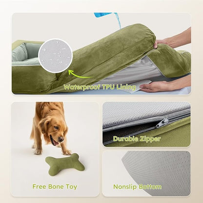 CWAWZ Dog Beds for Large Dogs, Orthopedic Dog Bed with Cooling Gel Memory Foam, Waterproof Large Pet Bed with Removable Washable Cover, 36" Pet Sofa Couch Dutch Velvet with Bone Toy, Dark Green