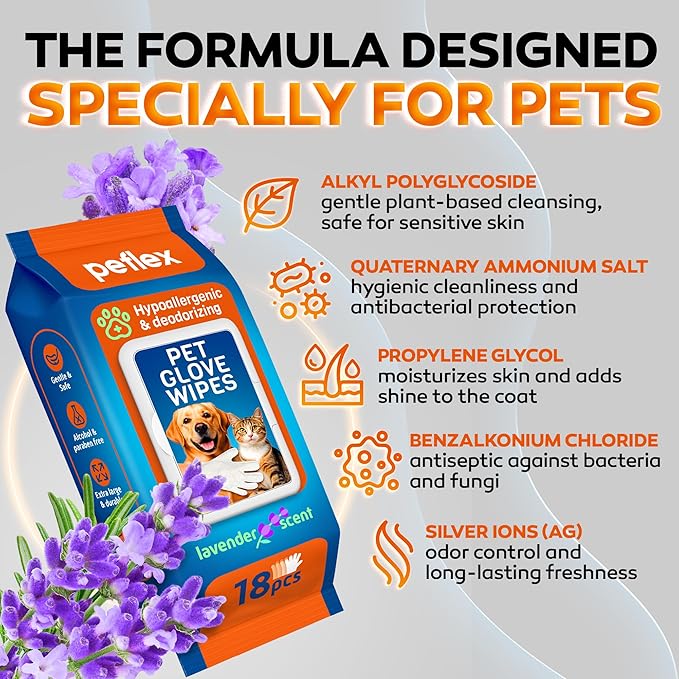 2026 New - Pet Cleaning Glove Wipes for Dogs & Cats – Wet Deodorizing Grooming Gloves for Paws, Body, Ears, Face & Coat – Hypoallergenic Hydrating Lavender Scent – Daily Care & Travel Use – 18 Count