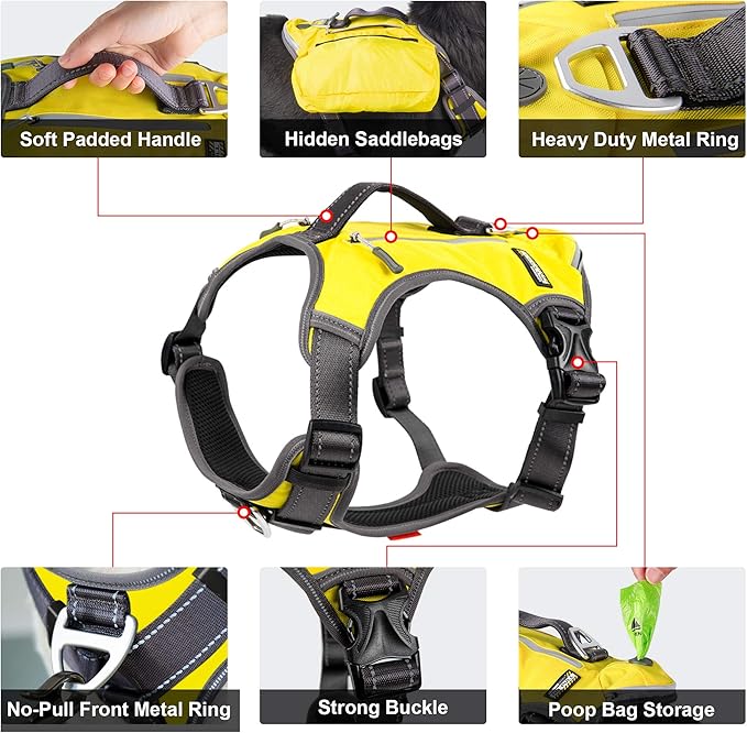 Fida Dog Harness, Multi-Functional No-Pull Pet Vest Harness with Saddle Bags Backpack, Front Leash Clip, Adjustable Soft Padded Reflective No-Choke Dog Vest Heavy Duty for Medium Dog, M, Yellow