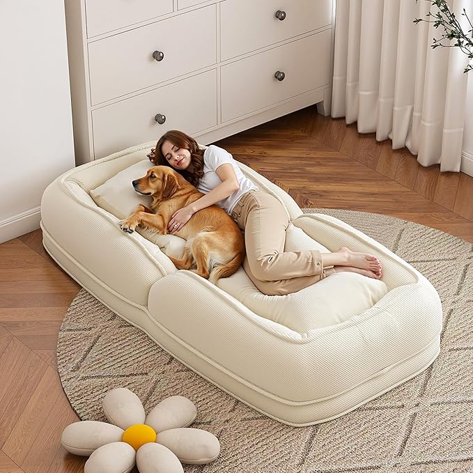 KEIKI Upholstered Human Dog Bed for Adults, Foldable Corduroy Lazy Sofa Bed with 5 Adjustable Positions and 2 Pillows, Giant Human Size Dog Bed for People, Off White