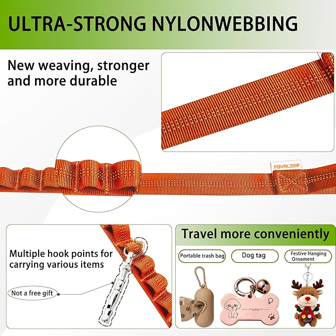 Reflective Heavy-Duty Dog Leash Adjustable 4–5 ft Shock-Absorbing Leash with Padded Handle & Traffic Handle, Equipped with 360° Tangle-Free Metal Clasp, Suitable for All Dog Sizes (Orange)