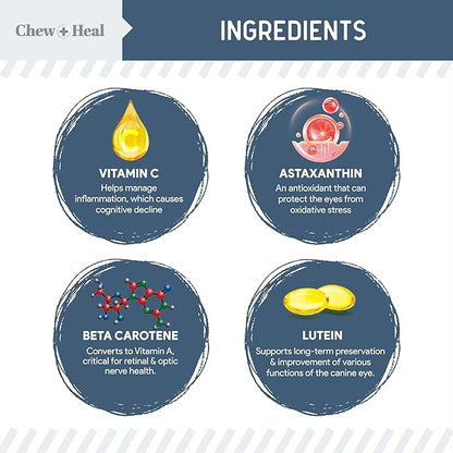 Chew + Heal Labs Senior Dog Vision and Cognition Chews - 60 Soft Chews for Dog Eye Care and Memory - 7-in-1 Multivitamin with Omega Fatty Acids, Vitamins, and Botanicals - Made in The USA