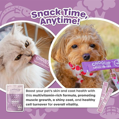 Choolip Squeeze Vita Stick Lickable Cat and Dog Treats, 7-Count Skin and Coat Support, Salmon and Pollack with Biotin and Omega-3, Vet-Formulated