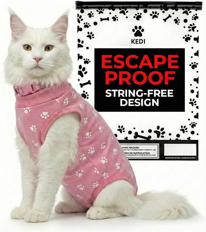 Cat Surgery Recovery Suit Female Cat Onesie for Cats After Surgery Spay Surgical Abdominal Wound Skin Diseases E-Collar Alternative Wear (Pink, Large)