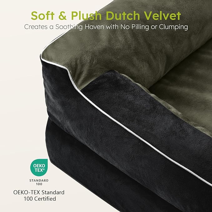 CWAWZ Dog Beds for Large Dogs, Orthopedic Dog Bed with Cooling Gel Memory Foam, Waterproof Large Pet Bed with Removable Washable Cover, 36" Pet Sofa Couch Dutch Velvet with Bone Toy, Black