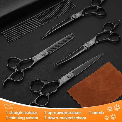 JASON Dog Grooming Scissors Set Professional 6 in 1 Dog Shears Kit - 6.5" Thinning, 7" Straight, 7" Up-Curved, 7" Down-curved Shears and Comb for Dog Cat Pet with Adjustable Screw (Black) Christmas