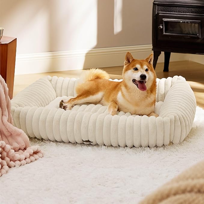 Bedsure ComfyFleece Cute Dog Beds Large Sized Dog - Washable Furry Pet Beds, Rectangle Orthopedic Corduroy Fleece Puppy Beds with Removable Zipper Cover, 36x27x8inches, Cream