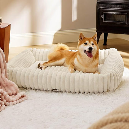 Bedsure ComfyFleece Cute Dog Beds Large Sized Dog - Washable Furry Pet Beds, Rectangle Orthopedic Corduroy Fleece Puppy Beds with Removable Zipper Cover, 36x27x8inches, Cream