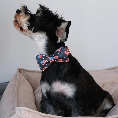 American Flag Dog Collar with Bow Tie, 4th of July Comfortable Cotton Cute Dog Collar with Metal Buckle, Patriotic Bowtie Collar for Puppy Girl Boy Dog, L
