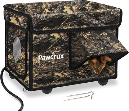 Heated Cat House for Outside with Dual Doors, Insulated Cat House Outdoor with Heating Pad, Weatherproof Heated Outdoor Cats Houses Waterrproof for Feral Cats (Leaf, 17" L x 12" W x 13" H)