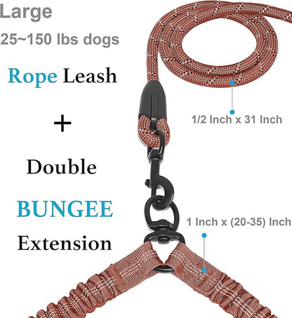 iYoShop Dual Dog Leash - 360° Swivel, No Tangle Walking Leash with Shock Absorbing Bungee for Two Dogs (Large, 25-150 lbs, Brown)
