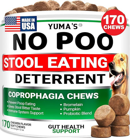 YUMA'S No Poo Chews for Dogs - 170 Count - Coprophagia No Poop Eating Deterrent for Dogs - Stop Eating Poop for Canine - Gut Health - Probiotics & Digestive Enzymes Supplement - Made in USA