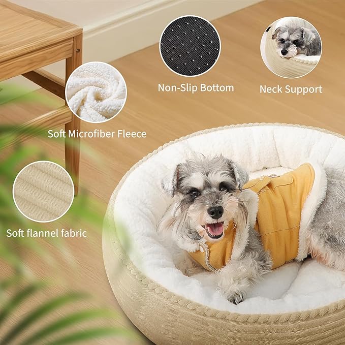 Zerbuger Cat Bed, 23In Dog Beds for Small Dogs, Calming Cat & Dog Beds for Indoor Pets, Pet Beds Comfortable Donut Round Ultra Soft (Camel, 23" L x 23" W x 6.5" Th)