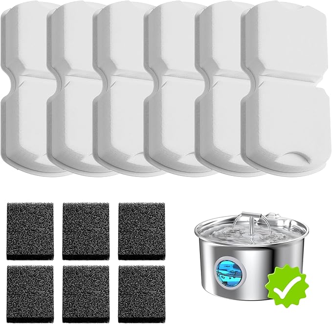 UMOCUOY Cat Water Fountain Filter: 12 Pet Fountain Replacement Screen for Stainless Steel - 6 Carbon Filters & 6 Foam Filters - Suitable for Cat Water Fountain Stainless Steel S17