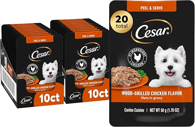 Cesar Filets in Gravy Wet Dog Food Wood-Grilled Chicken, Wet Food for Dogs, 1.76 oz. Mini-Pouches, 20 Count