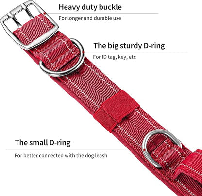 Annchwool Tactical Dog Collar for Medium and Large Dog,Adjustable Military Dog Collar with Soft Padded Handle,Heavy Duty Double Buckle Design(Red,XL)