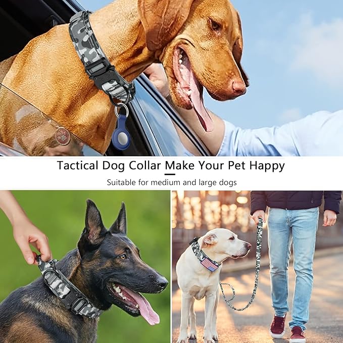 DAGANXI Tactical Dog Collar, Adjustable Military Training Nylon Dog Collar with Control Handle and Heavy Metal Buckle for Medium and Large Dogs, with Patches and Airtags Case (XL, Camo-Set)