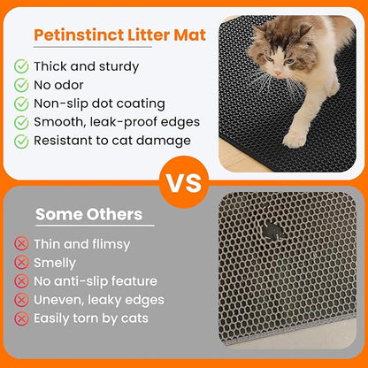 Petinstinct Small Cat Litter Mat, 20x14’’ Double Layer Honeycomb Cat Litter Box Mat, Non Slip Waterproof Urine Proof Litter Trapping Mat for Floor, Kitty Litter Pad, Indoor Pet Supplies, Black