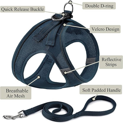 Dog Harness with Leash Set, No Pull Adjustable Reflective Step-in Puppy Pet Vest Harnesses for Small Medium Large Dogs and Cats,Navy Blue L